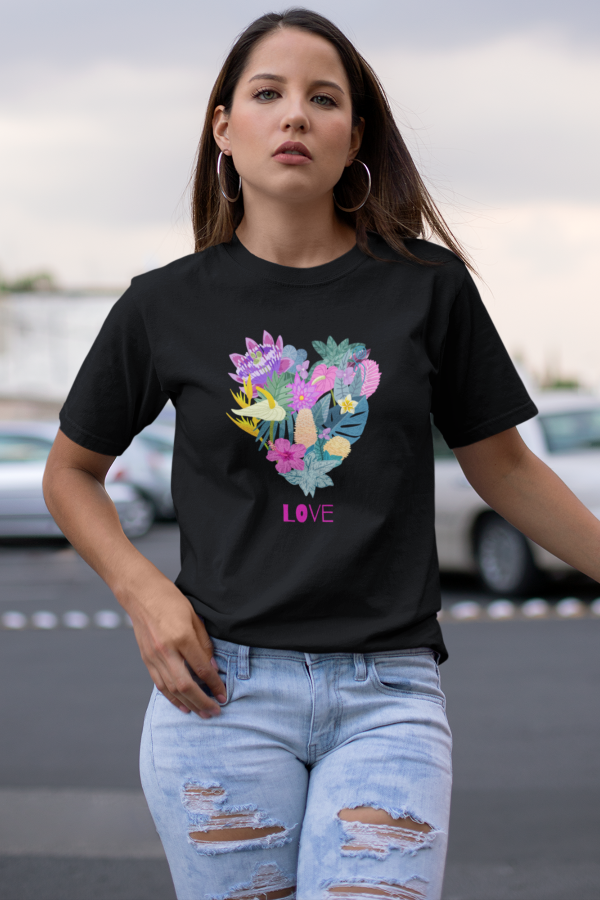 Playera de mujer manga corta con estampado de corazón