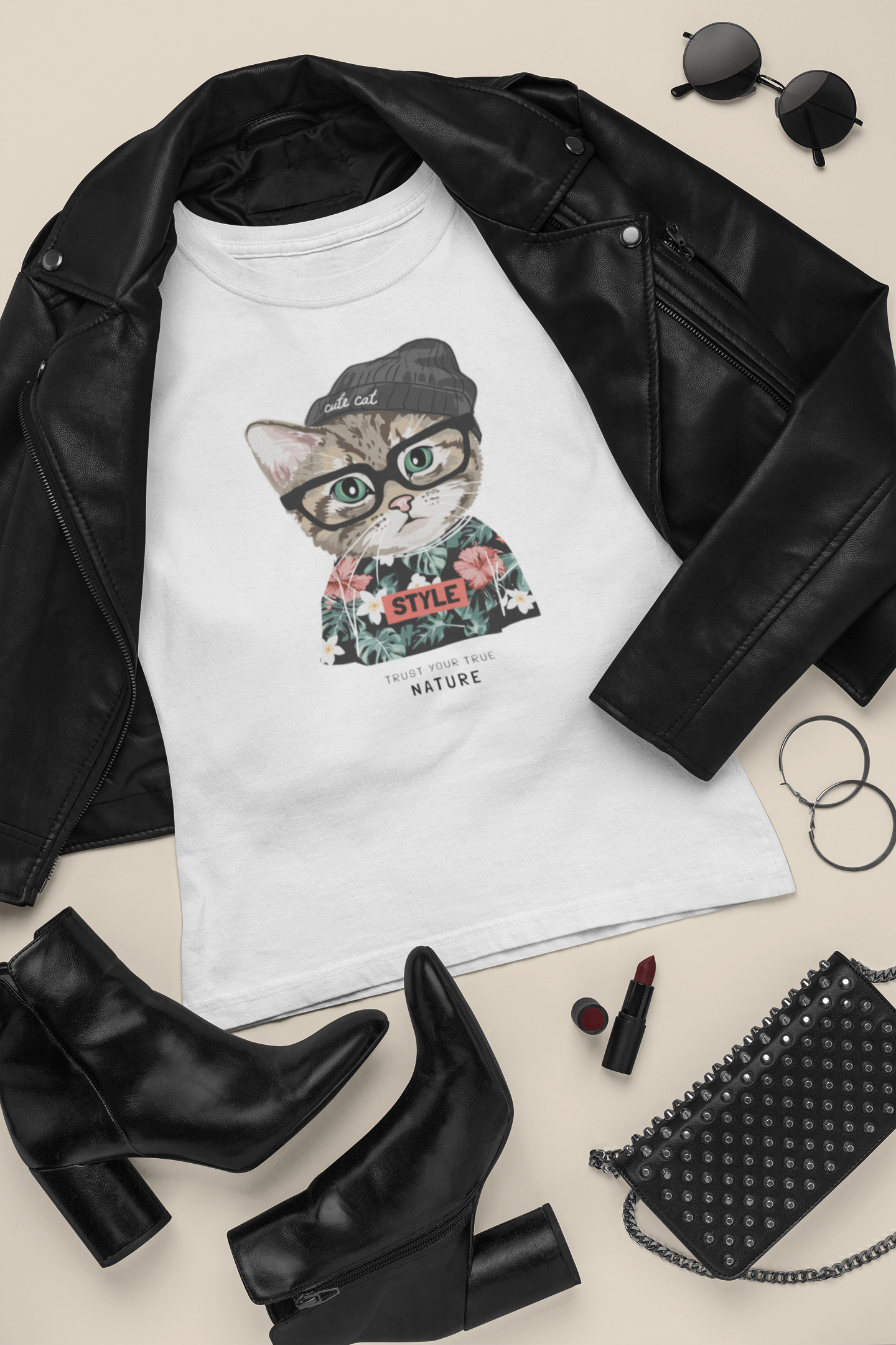 Playera de manga corta de mujer con estampado de gato